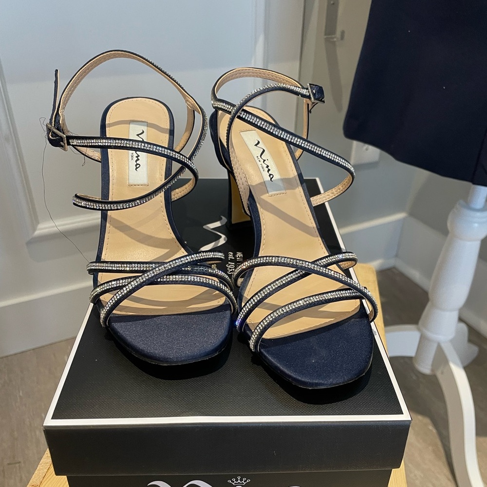 WORN ONCE. Nina Embellished Evening Sandals. Navy Satin